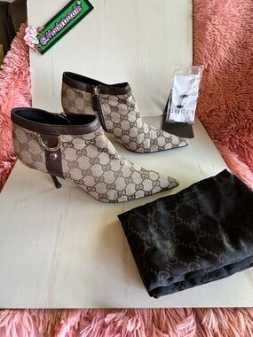 Gucci Beige GG Canvas Pointed Ankle Booties with Brown Trim
